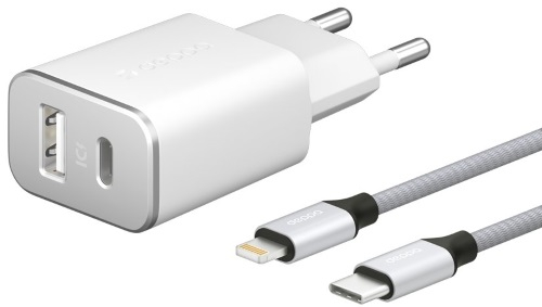 Сетевое зарядное устройство Deppa USB + USB Type-C + кабель USB-C/Lightning MFI белый (11390)