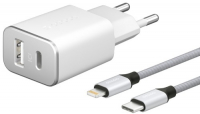 фото Сетевое зарядное устройство usb + usb type-c + кабель usb-c/lightning mfi белый (11390) deppa