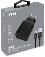 фото Сетевое зарядное устройство с кабелем rapid+ 2xusb 2.4a + кабель usb-c, black tfn