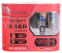 фото Лампа автомобильная галогенная h1 12v-55w night laser vision + 200%, 2 шт (mlh1nlv200) clearlight