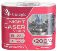 фото Лампа автомобильная галогенная h4 12v-60/55w night laser vision + 200%, 2 шт (mlh4nlv200) clearlight