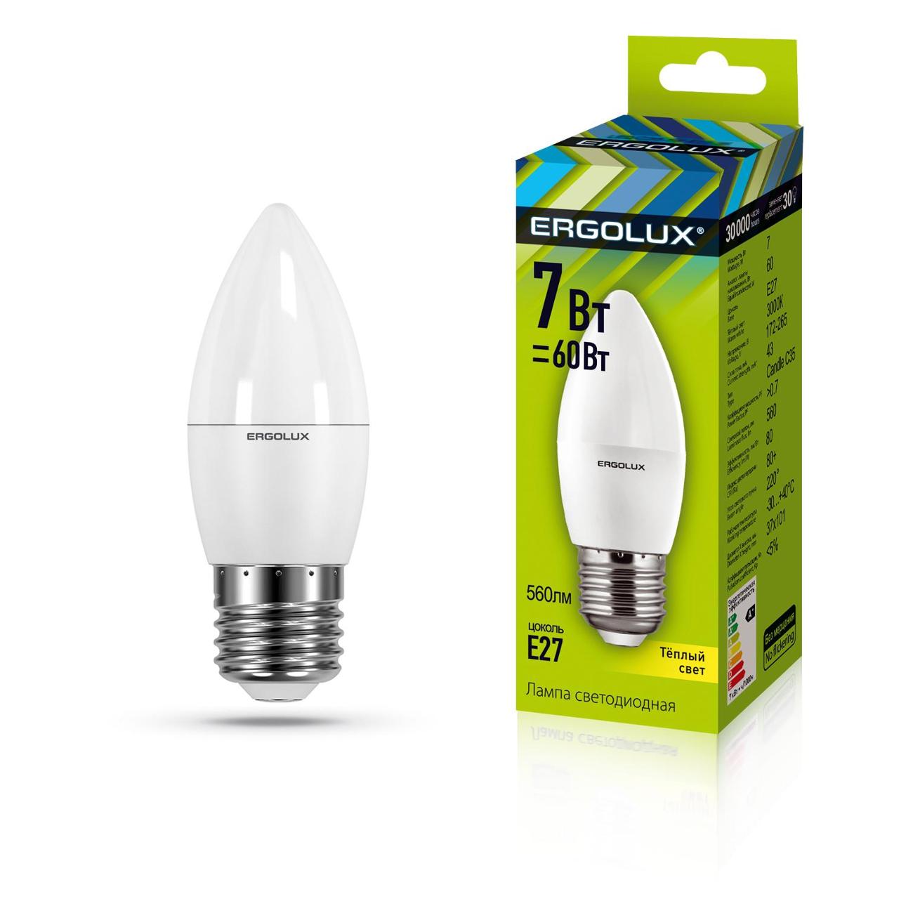 Светодиодные лампы Ergolux "Свеча" 7Вт E27 3000K 172-265В, 10 шт (LED-C35-7W-E27-3K) "Свеча" 7Вт E27 3000K 172-265В, 10 шт (LED-C35-7W-E27-3K)