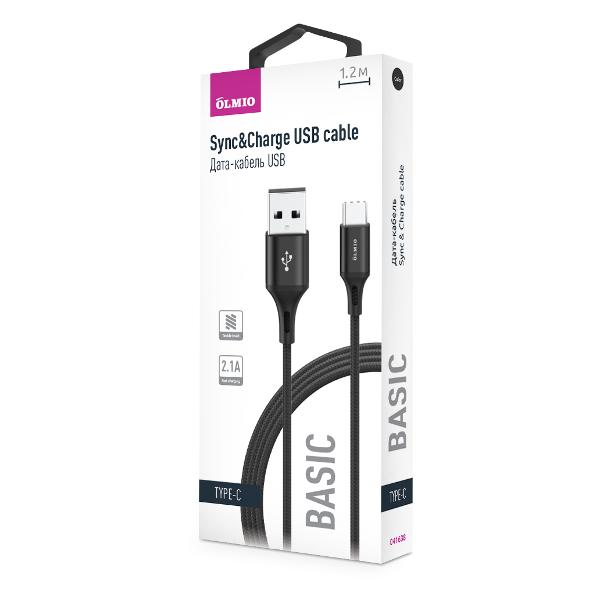 фото Кабель basic, usb 2.0/type-c, 1,2m, 2,1a black (41638) olmio