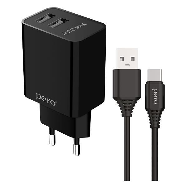 фото Сетевое зарядное устройство tc02 combo, 2хusb, 2.1a, c кабелем type-c black (тс02bl2at) pero