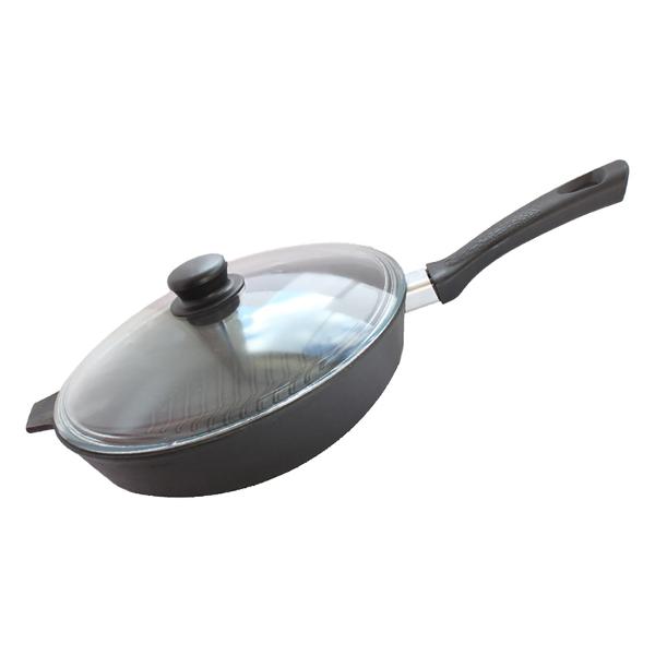 фото Сковорода-гриль с крышкой чугунная, 28х6 см, с бакелитовой ручкой (444364) камская посуда