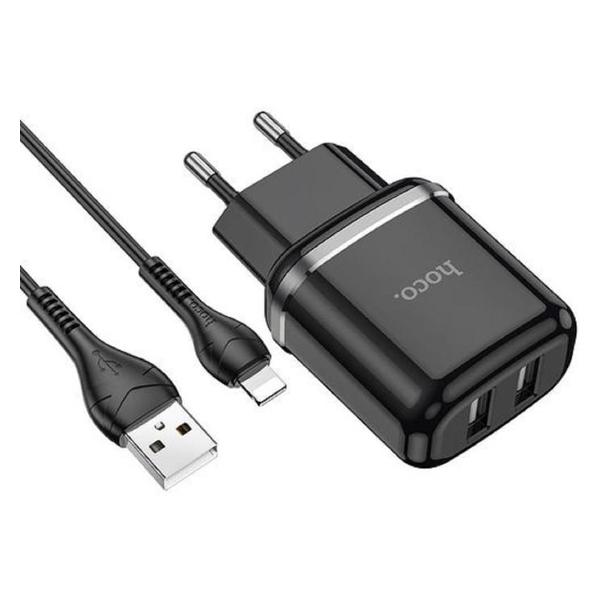 фото Сетевое зарядное устройство n4, 2хusb, 2,4 а, кабель lightning 1 м, черное (7550685) hoco