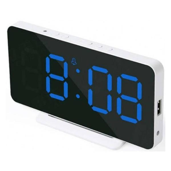 фото Часы настольные будильник, термометр, зеркало, синий led дисплей/белый корпус (brsos002wbl) bandrate smart