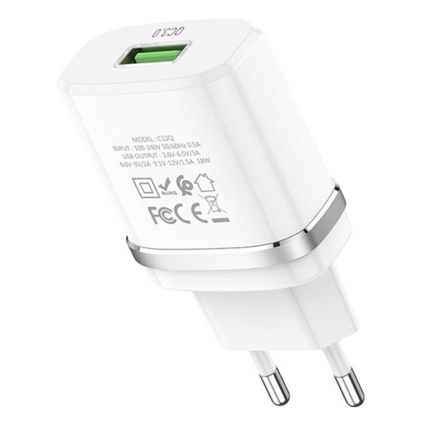 фото Сетевое зарядное устройство type-c usb 2.0-usb 2.0 тип a, 3000 ма white (c12qtw) hoco