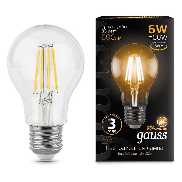 фото Светодиодная лампа filament а60 6w 600lm 2700к е27 (102802106) gauss