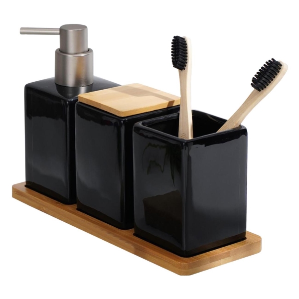 фото Набор для ванной square, дозатор для мыла + 2 стакана + подставка, черный, 3 предмета (7500322) savanna