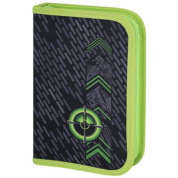 фото Пенал gunsight, 1 отделение, 2 откидные планки, полиэстер, 21х14 см, серый/зеленый (271517) brauberg