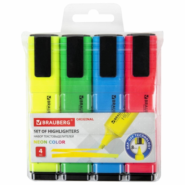 фото Набор текстовыделителей original neon, линия письма 1-5 мм, 4 цвета (152215) brauberg