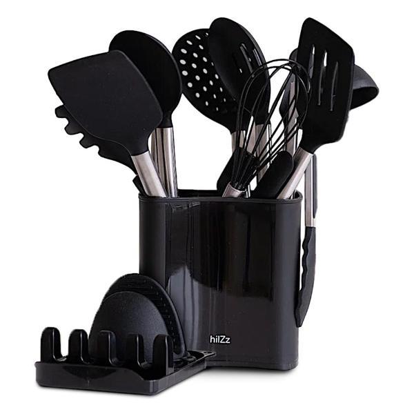 фото Набор кухонных принадлежностей 18 предметов + подставка, черный (hksm18) hilzz