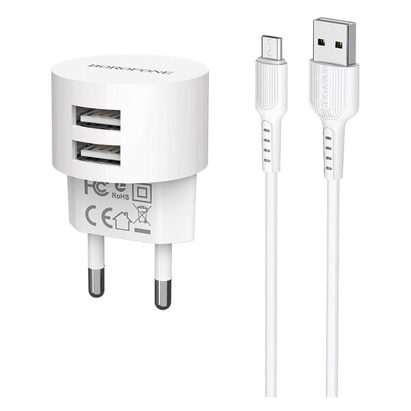 фото Сетевое зарядное устройство ba23a brilliant, 2хusb, 2,4 a + кабель micro-usb, белое (04016) borofone