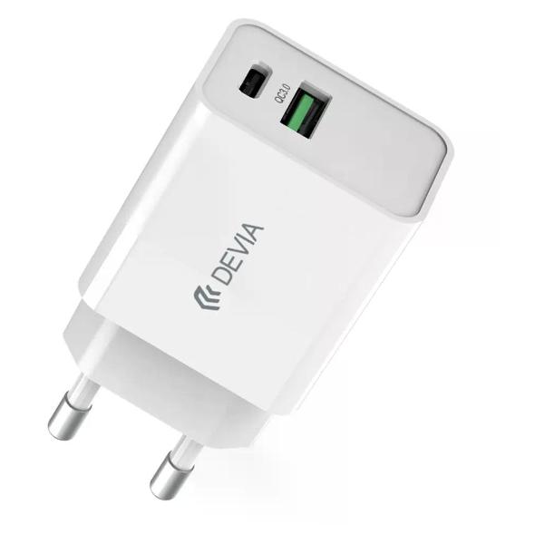 фото Сетевое зарядное устройство smart series pd&qc quick charger usb type-c + usb 30w white (120ea3130001) devia