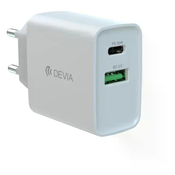 фото Сетевое зарядное устройство smart series pd&qc quick charger usb type-c + usb 20w white (120ea4370001) devia