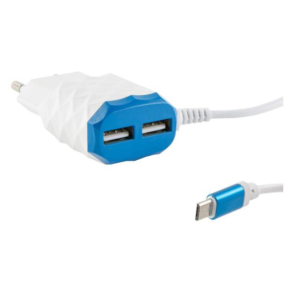 фото Сетевое зарядное устройство nc-2.1ac(b), 2хusb/microusb, 2.1a, синее (ут000023169) red-line