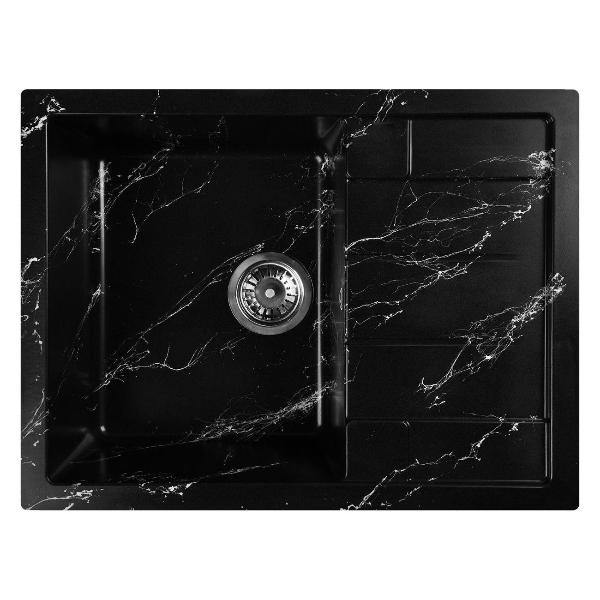 фото Мойка кухонная каменная, 65х50 см, с итальянским сифоном, черный/белый мрамор (wb22-11) wisent