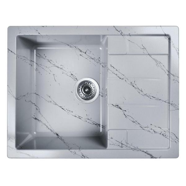 фото Мойка кухонная каменная, 65х50 см, с итальянским сифоном, серый/черный мрамор (wb22-16) wisent