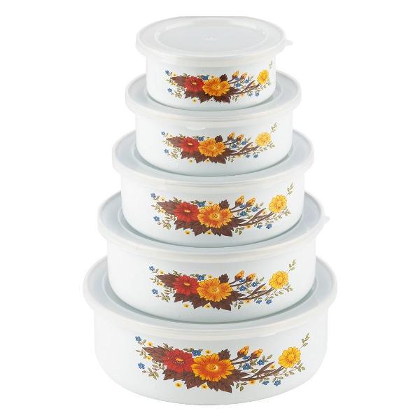 фото Набор мисок familia, с крышками, 195/340/600/850/1250 мл, белый с дизайном, 5 шт (008764) mallony