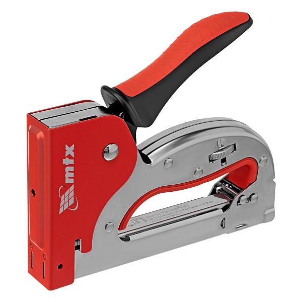 фото Степлер строительный плавная регулировка удара, 2к рукоятка, тип 53, 4-14 мм, скобы в комплекте (400030) mtx