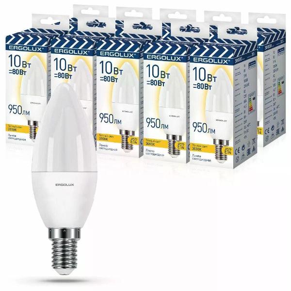 фото Светодиодные лампы свеча промо, 10 вт, e14, 4500k, 220-240в, 10 шт (led-c35-10w-e14-4k) ergolux