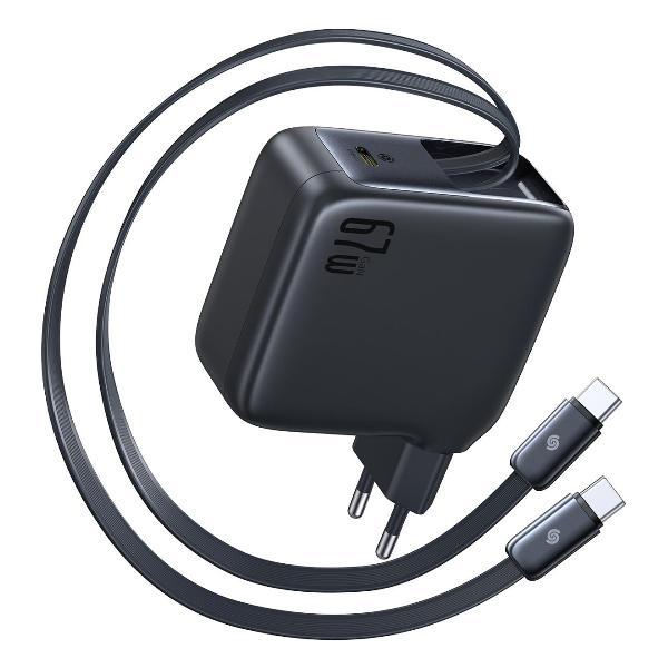 фото Сетевое зарядное устройство enercore cj11, с выдвижным кабелем usb type-c, 100 вт, 2xusb-c+usb black baseus