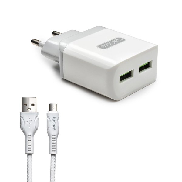 фото Сетевое зарядное устройство 2хusb 2,4а + microusb, 1m gray/white (98307) luxcase