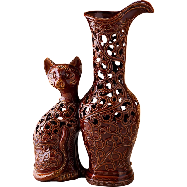 фото Ваза напольная "кот", керамика, 45 см, резная, коричневая (884402) noname
