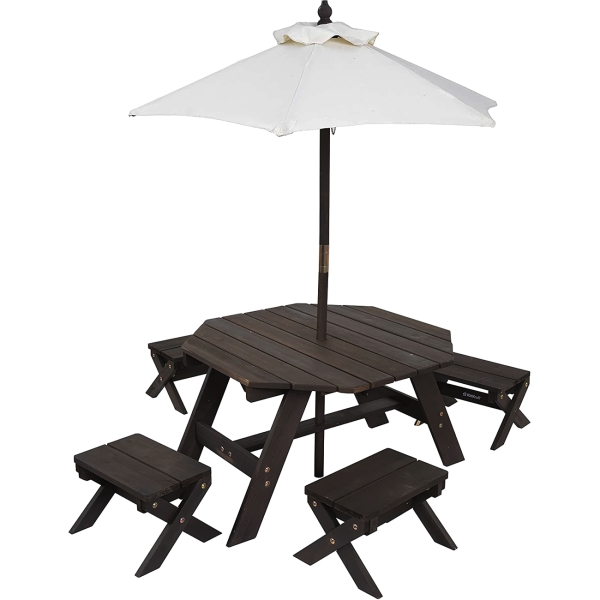 фото Детская садовая мебель 4 скамьи + стол-пикник + зонт, коричневая/серо-синяя (20304_ke) kidkraft