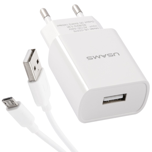 фото Сетевое зарядное устройство t21 charger kit micro-usb 1m white (t21ocmc01) usams