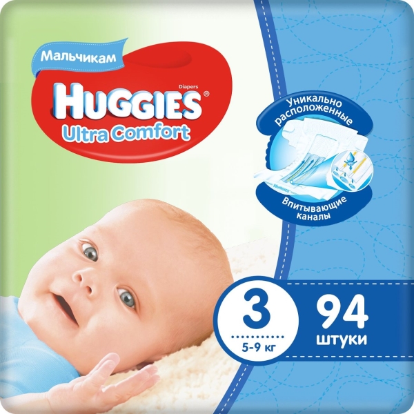 фото Подгузники ultra comfort, для мальчиков, размер 3, 5-9 кг, 94 шт huggies