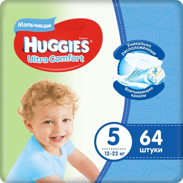 фото Подгузники ultra comfort, для мальчиков, размер 5, 12-22 кг, 64 шт huggies