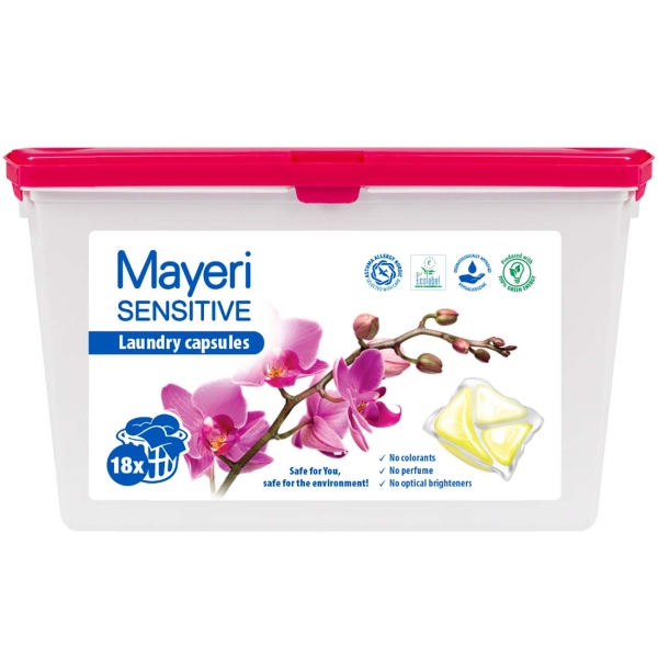 фото Капсулы для стирки sensitive эко, 18 шт, коробка mayeri