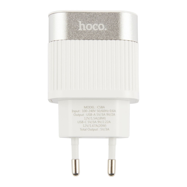 фото Сетевое зарядное устройство c58a usb + type c pd20w + qc3.0 white (ут000024207) hoco