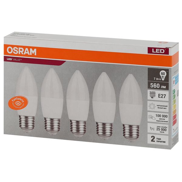 фото Светодиодные лампы led value lvclb60 7sw/840 230в e27, 5 шт (4058075578043) osram