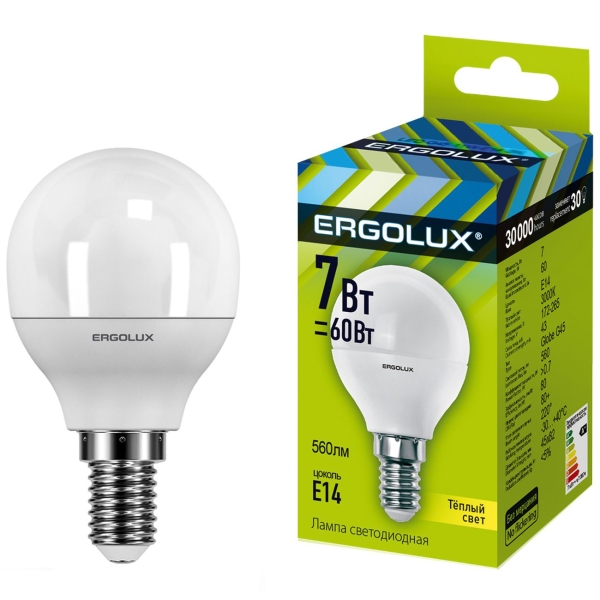 фото Светодиодные лампы led-g45-7w-e14-3k, 10 шт ergolux