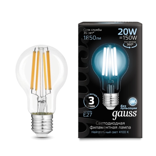 фото Светодиодные лампы filament а60 20w 1850lm 4100к е27, 10 шт (102902220) gauss