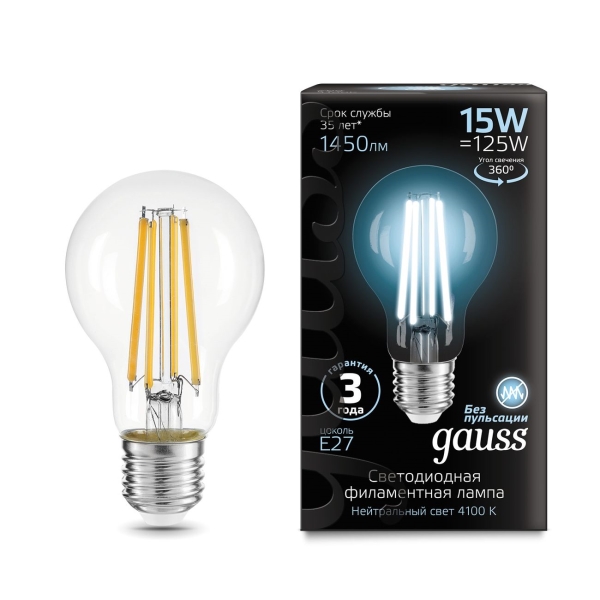 фото Светодиодные лампы filament а60 15w 1450lm 4100к е27, 10 шт (102902215) gauss